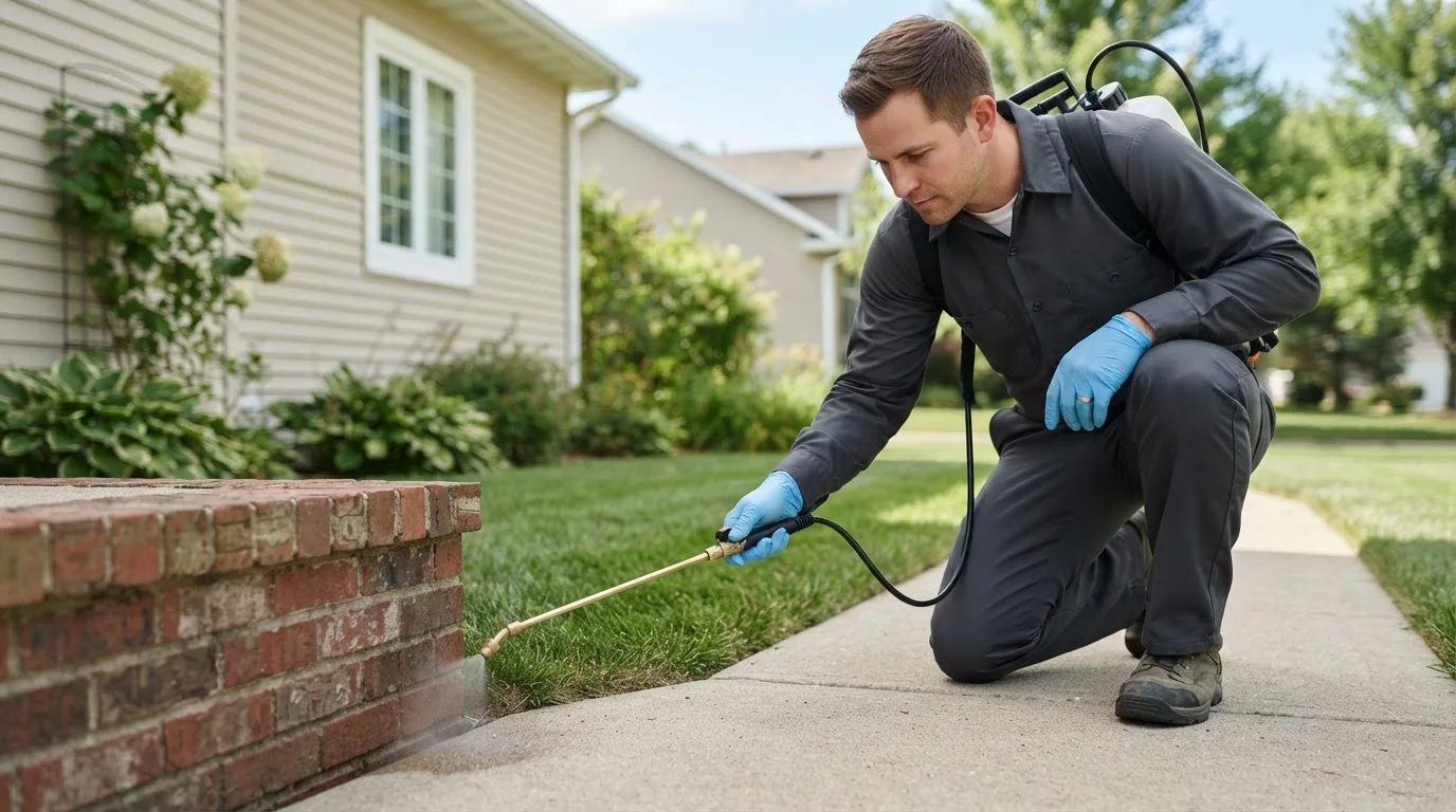 Pest control technician treating a home near Mustang, OK