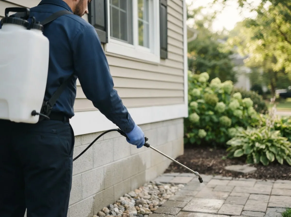 Pest control technician inspecting a home in Mustang, OK